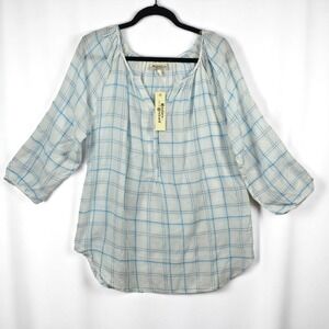 Hester & Orchard Plaid Blouse 3/4 Sleeve Casual Top Woman Large white Blue‎ NWT